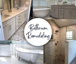 A collage of bathroom remodeling projects showcasing different designs, including a dual-sink vanity, a freestanding bathtub, and a walk-in shower with glass walls.