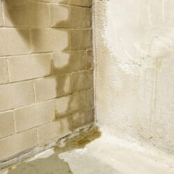 Water intrusion and moisture damage along basement foundation wall before remodeling