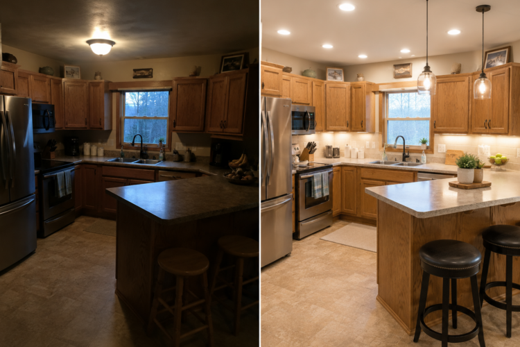 Before-and-after kitchen remodeling in Towson showing an older kitchen with one dim central light compared to upgraded recessed, pendant, and under-cabinet lighting.