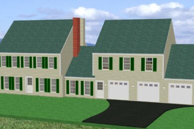 Architectural rendering of a two-story home in Westminster, MD, showing the planned three-car garage addition with green roof and beige siding.
