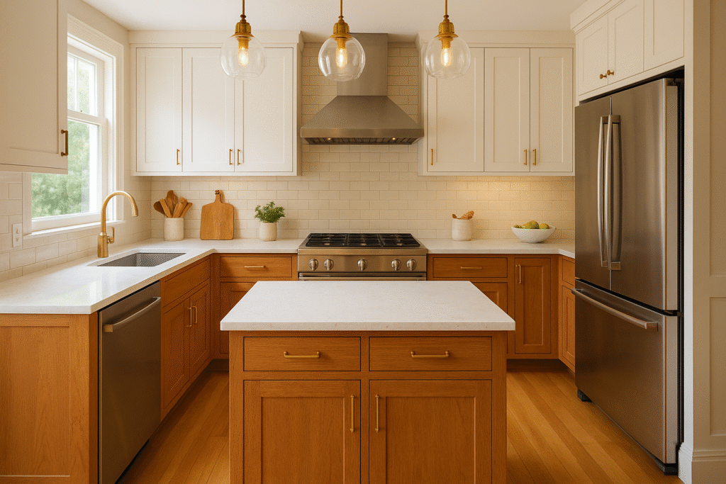 Modern small kitchen reimagined with sleek white cabinetry, wood accents, and compact appliances in a minimalist design.