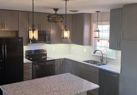 Westminster MD, Modern Kitchen Renovation with granite counter tops and grey cabinets.