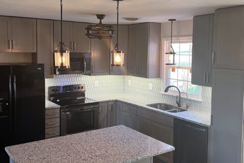 Westminster MD, Modern Kitchen Renovation with granite counter tops and grey cabinets.