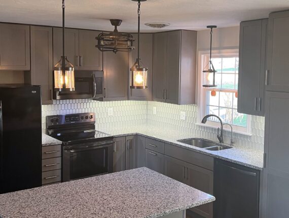 Westminster MD, Modern Kitchen Renovation with granite counter tops and grey cabinets.