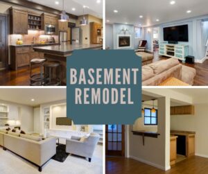 Collage of stylish basement remodeling projects showcasing wet bars, living areas, and entertainment spaces.