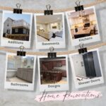 Maryland Home Improvements & Remodeling by Merrell Building. Polaroid-style collage of home renovation services, including additions, basements, kitchens, bathrooms, designs, and shower doors.