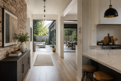 Open-concept home addition with seamless transition from hallway to kitchen and outdoor living space