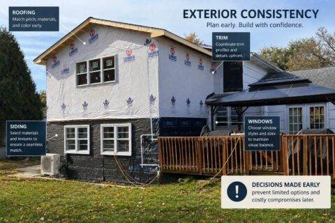 Clarksville, MD Home addition planning highlighting exterior elements like roofing, siding, windows, and trim for design consistency