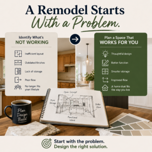 Design-build remodeling concept image showing outdated kitchen problems transitioning into a thoughtfully planned home renovation solution