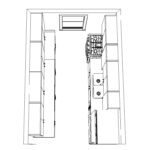 Top-down layout drawing of a galley kitchen with parallel cabinets, appliances, and a central walkway for efficient workflow