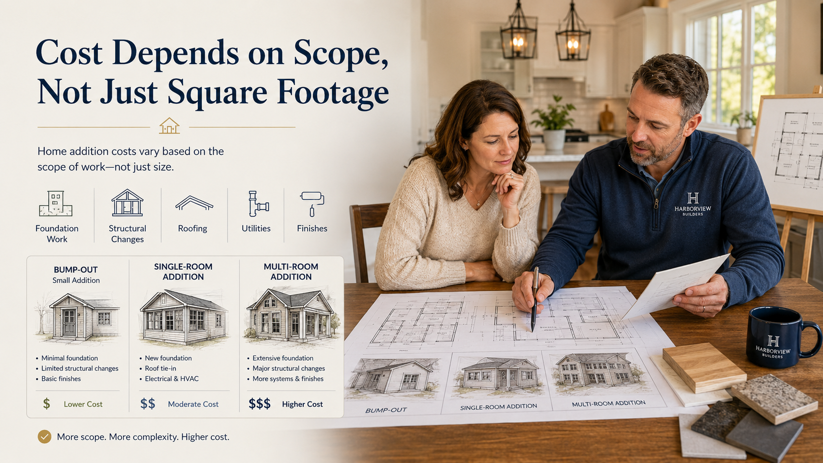 Homeowner and remodeling professional compare home addition options. Home addition planning cost factors for Urbana MD homeowners