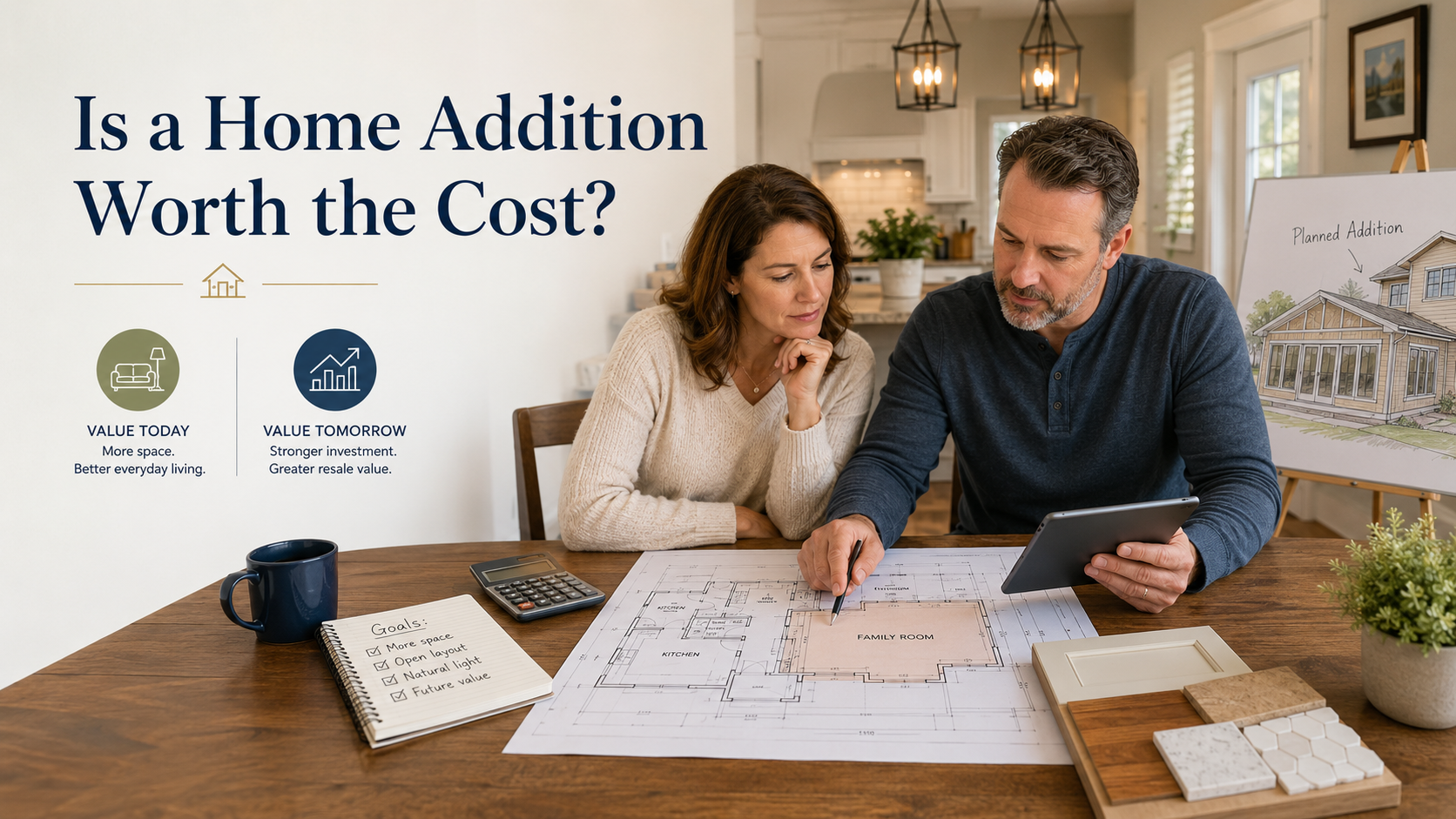 Is a Home Addition Worth the Cost Homeowners reviewing home addition plans, costs, and long-term value at a kitchen table in Frederick, MD.
