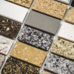 countertop and surface material samples arranged in a display for remodeling selection planning