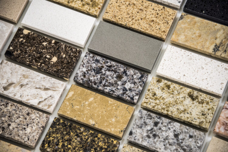 countertop and surface material samples arranged in a display for remodeling selection planning