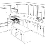 Black and white layout drawing of an L-shaped kitchen with an island, showing appliance placement, cabinetry, and workflow zones