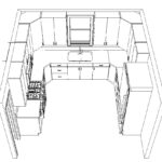 Black and white layout drawing of a U-shaped kitchen with open access, showing defined work zones and appliance placement