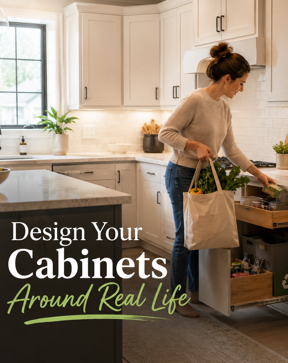 Homeowner organizing groceries in a modern kitchen with functional cabinet storage solutions during a kitchen cabinet remodeling project in Westminster MD