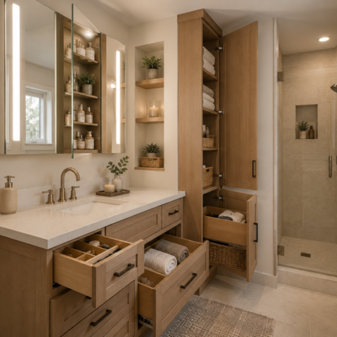 Remodeled bathroom with smarter storage, including vanity drawers, a mirrored medicine cabinet, built-in shelving, and organized linen storage.
